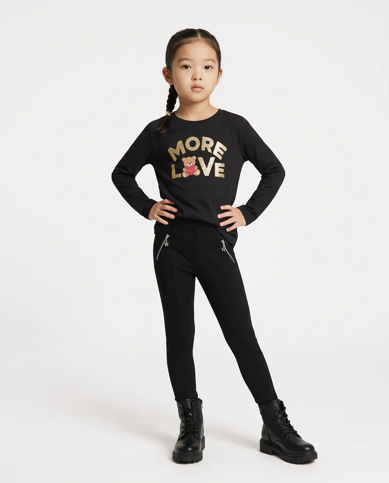 Leggings da bambina con zip e nervature - Nero