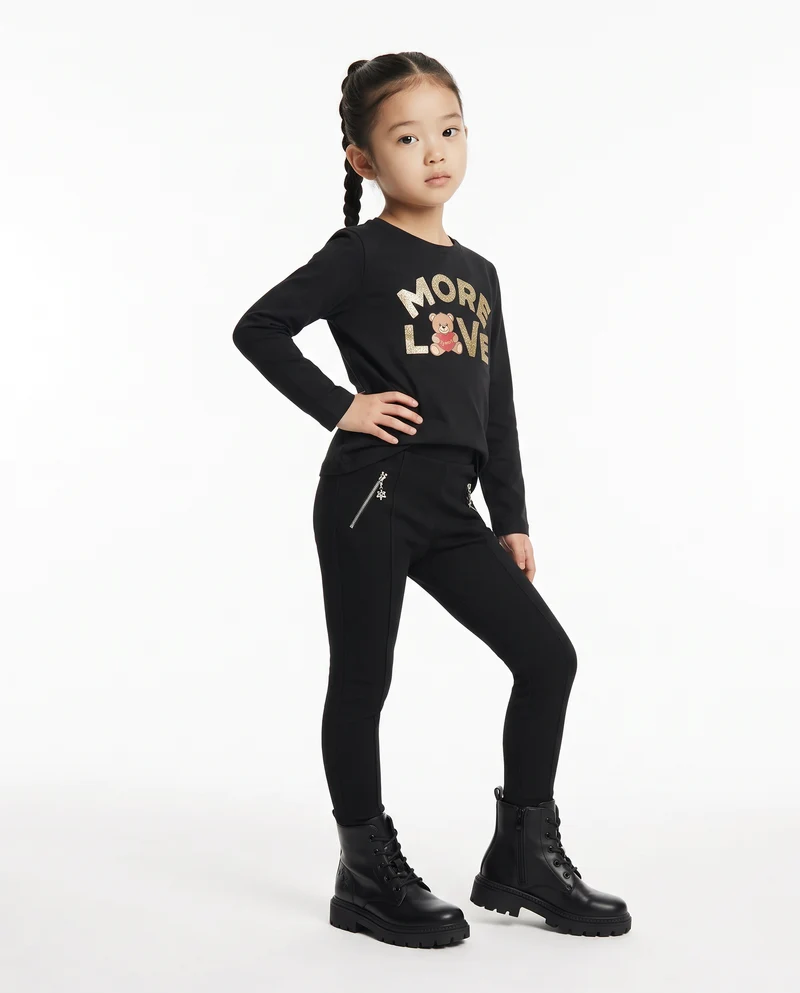 Leggings da bambina con zip e nervature - Nero