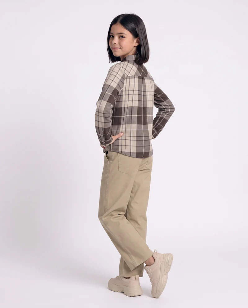 Camicia in flanella manica lunga con rouches - Beige scuro