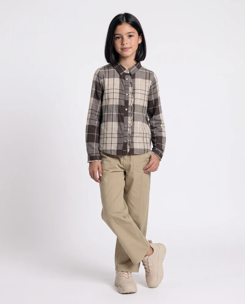 Camicia in flanella manica lunga con rouches - Beige scuro