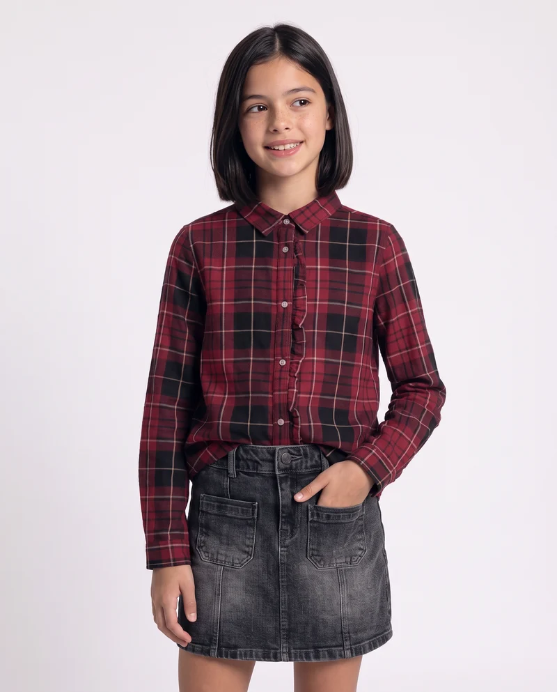 Camicia in flanella manica lunga con rouches - Bordeaux