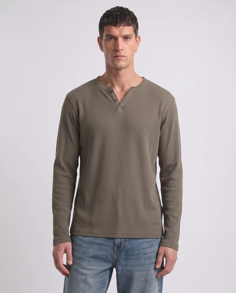 T-shirt serafino waffle maniche lunghe - Verde kaki