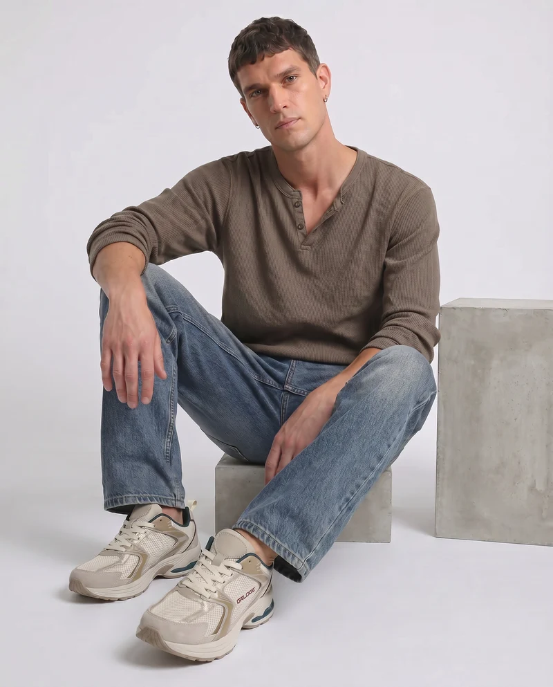 T-shirt serafino waffle maniche lunghe - Verde kaki