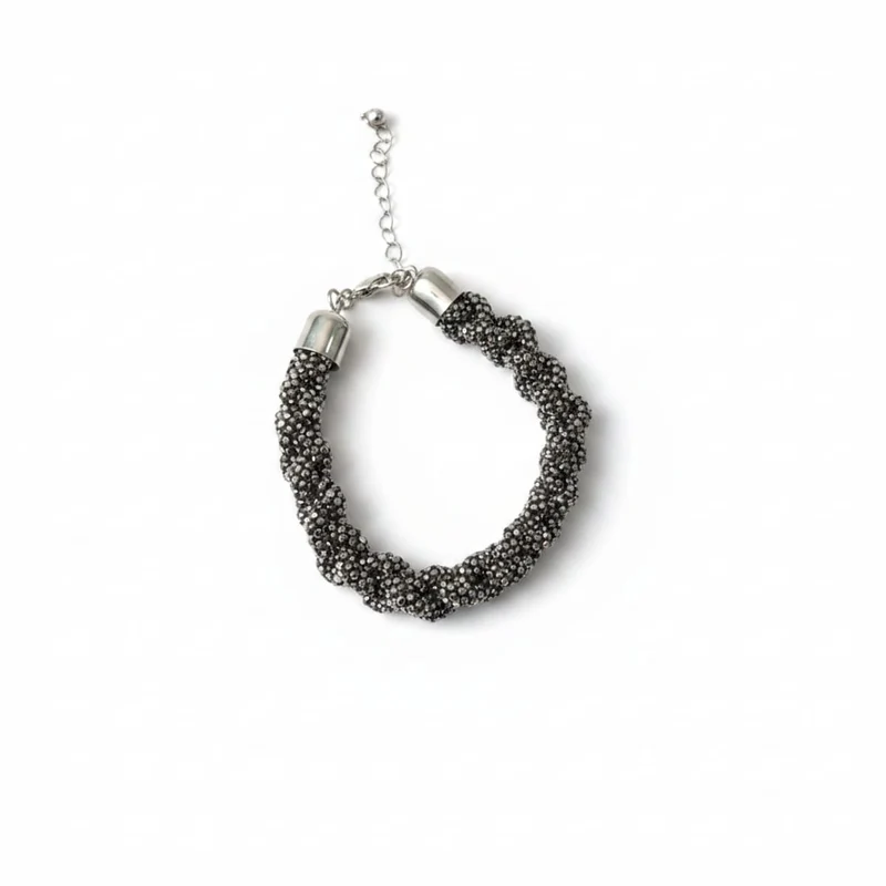 Bracciale tubolare con strass intrecciati - Nero