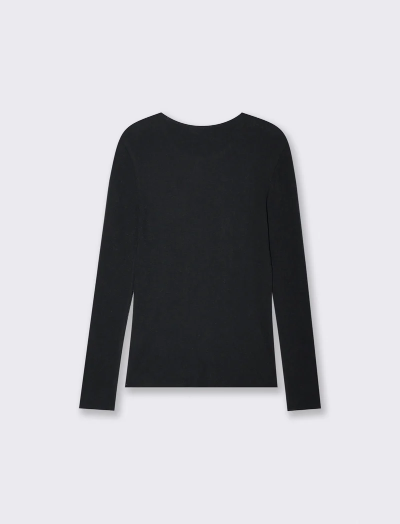 T-shirt manica lunga a costine con bottone - Nero