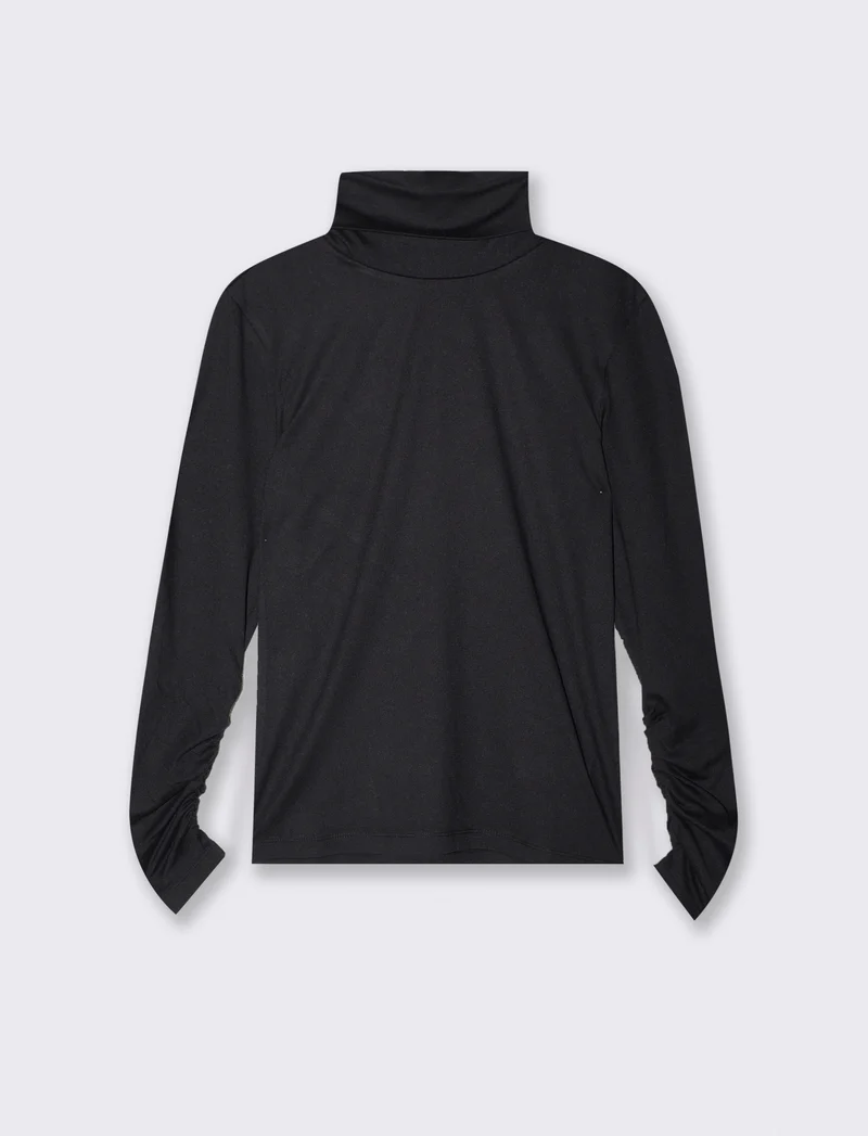 T-shirt collo alto a manica lunga con arriccio - Nero