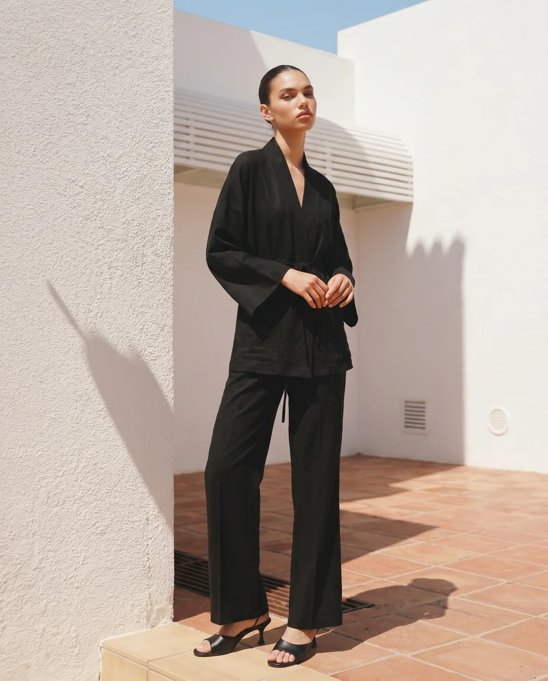 Giacca Kimono con Tasche Frontali - Nero