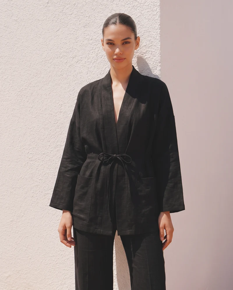 Giacca Kimono con Tasche Frontali - Nero
