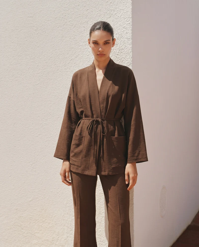 Giacca Kimono con Tasche Frontali - Moro