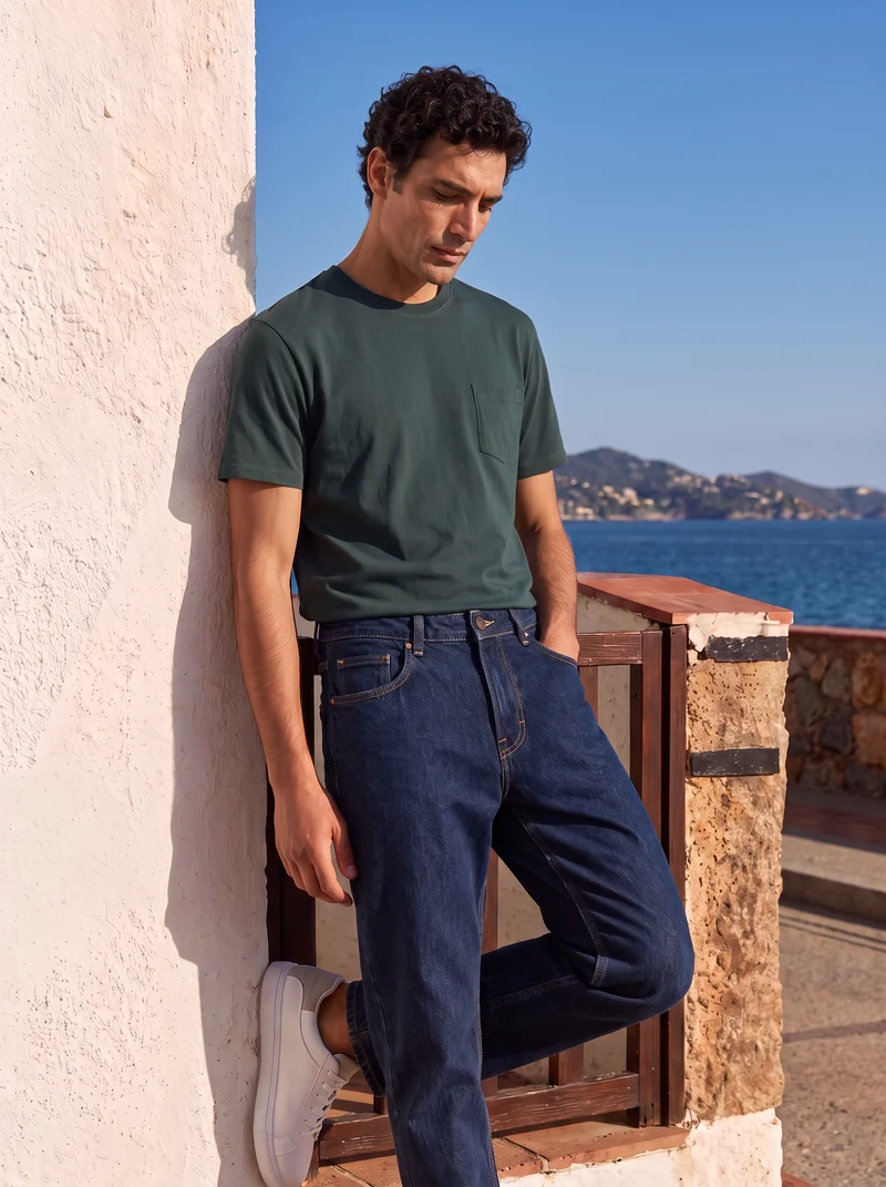 T-shirt basic girocollo con tasca - Verde scuro