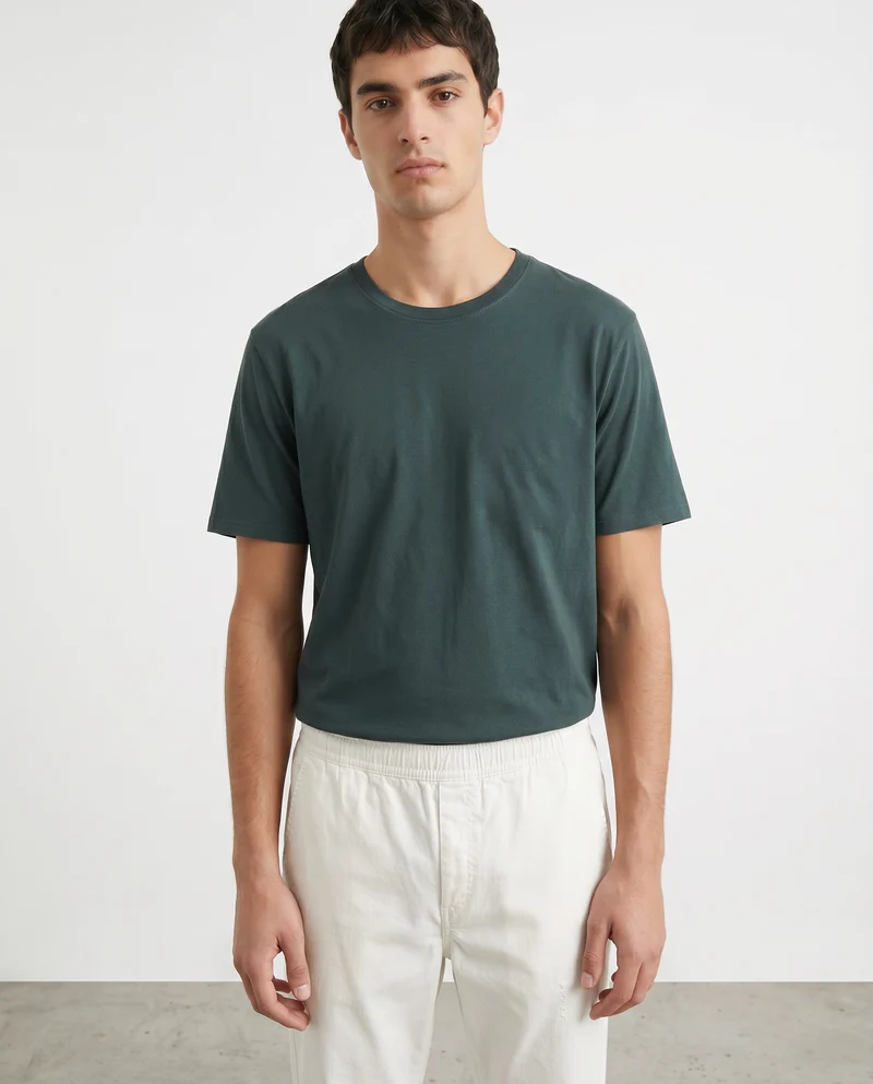 T-shirt girocollo in cotone regular fit - Verde scuro