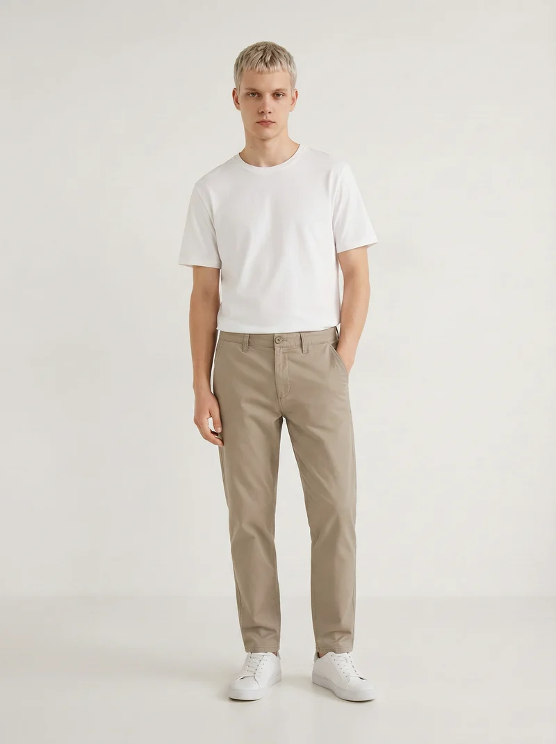 Pantaloni Chino Regular Fit in Cotone - Beige