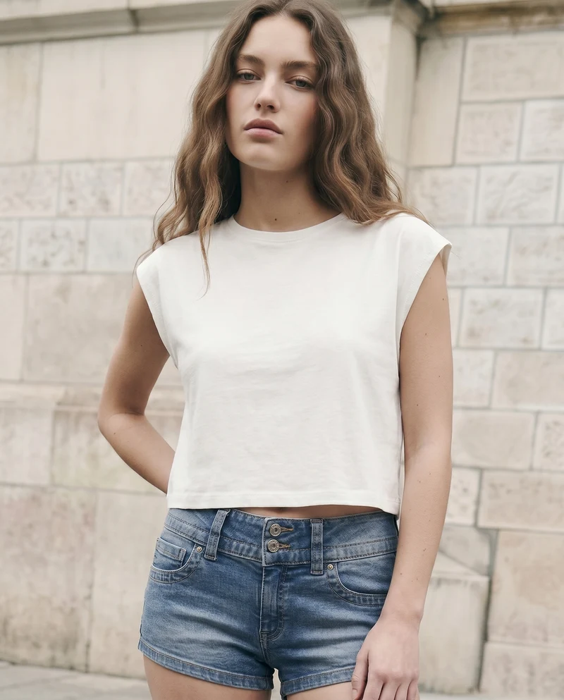 T-Shirt Cropped e Basica in Cotone - Bianco latte