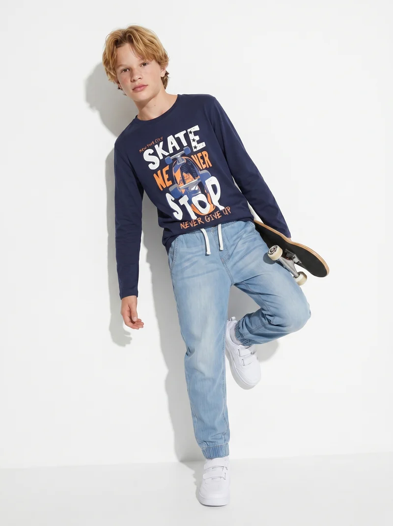 Felpa Basic con Cappuccio e Stampa - Blu