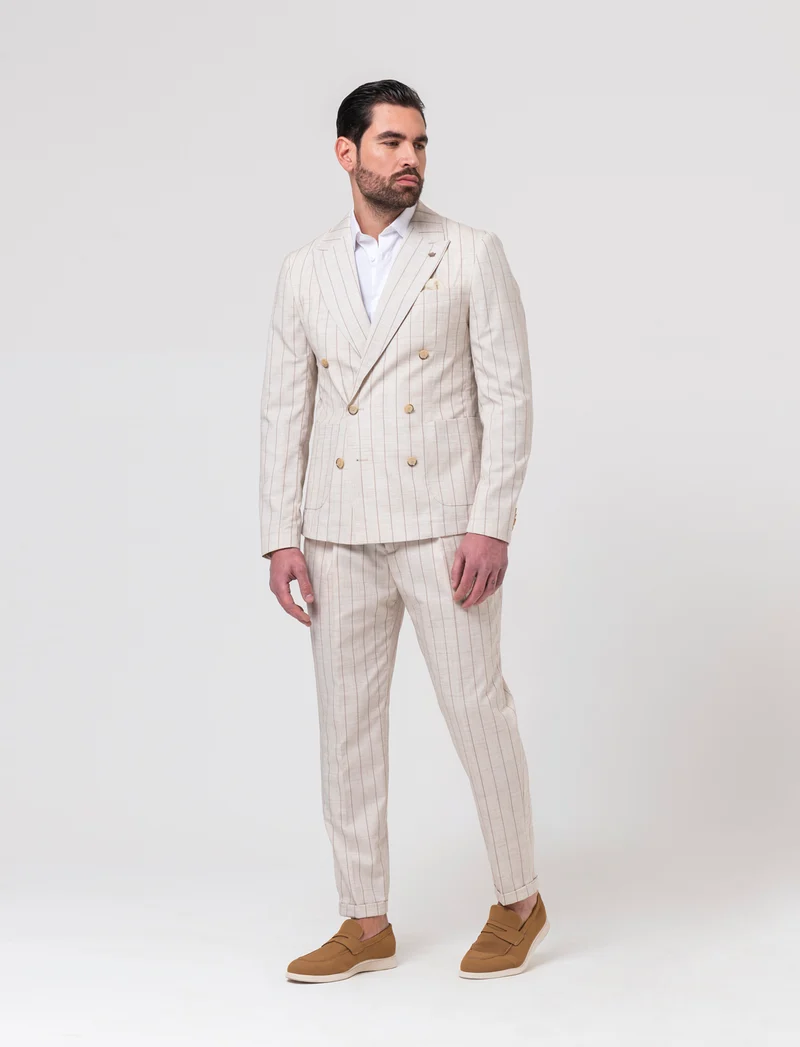 Pantaloni gessati da completo formal fit da uomo - Beige ecru