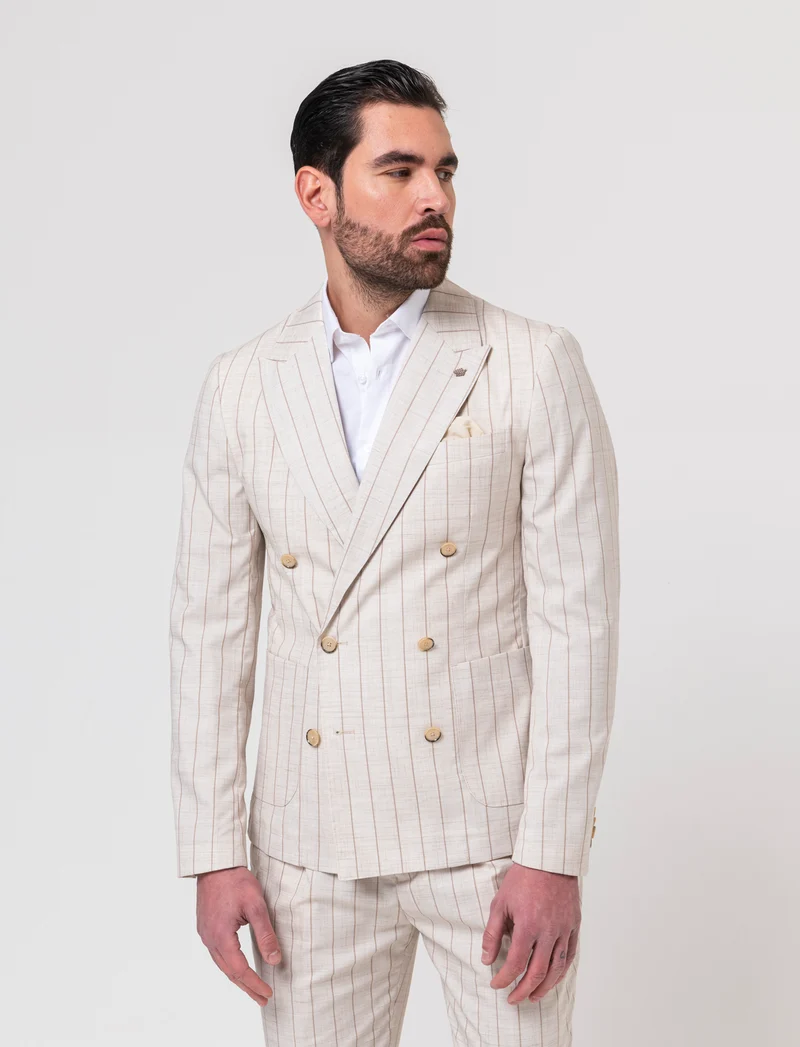 Blazer gessato doppio petto da completo da uomo - Beige ecru