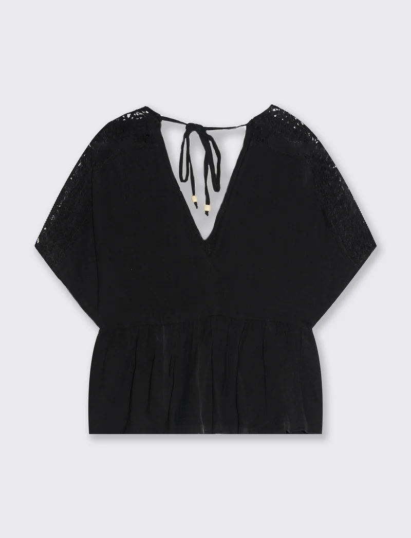 Top con inserto di pizzo da donna - Nero