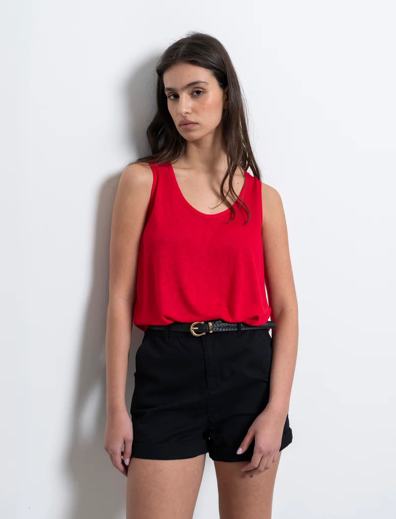 Top in tessuto effetto lino da donna - Rosso scarlatto