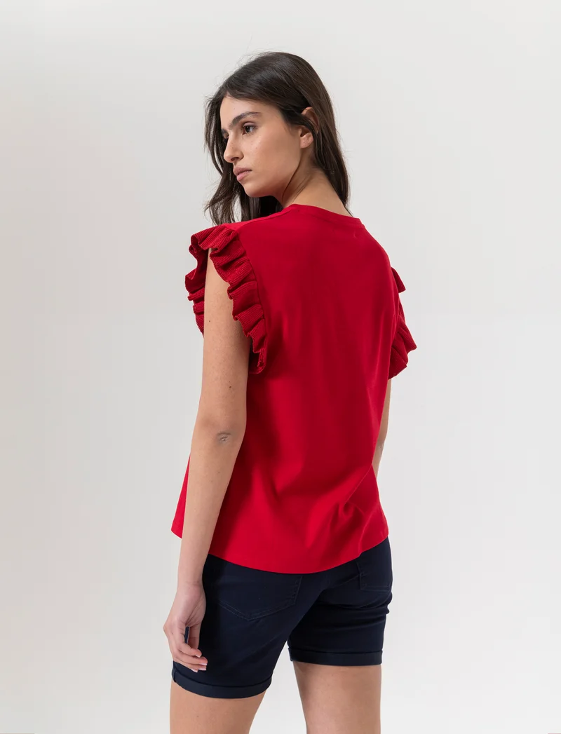 T-shirt con rouches da donna - Rosso scarlatto