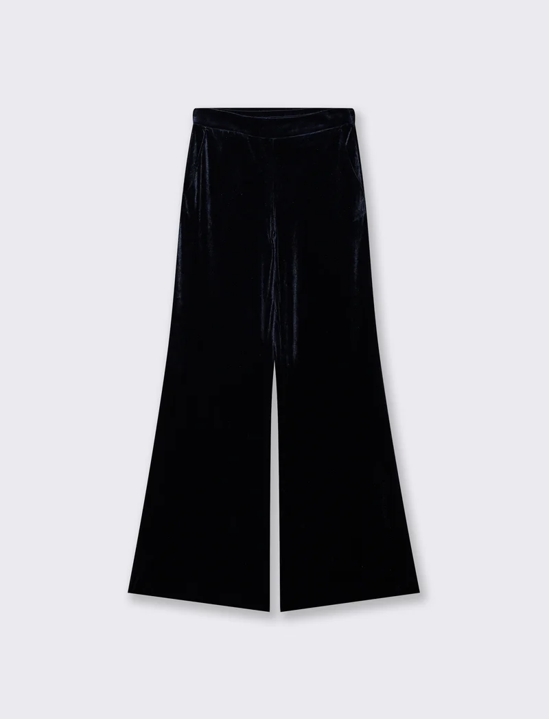 Pantalone in velluto wide leg con elastico - Blu