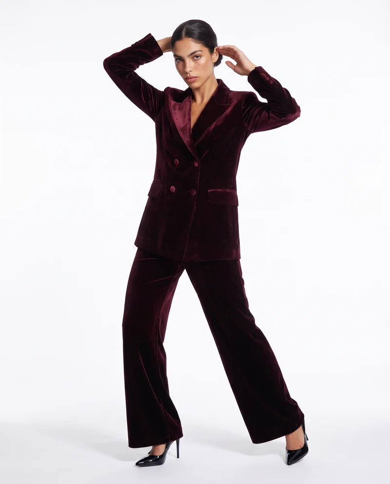 Pantalone in velluto wide leg con elastico - Bordeaux