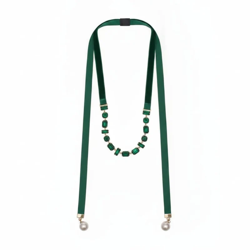 Collana saliscendi in velluto e perle - Verde