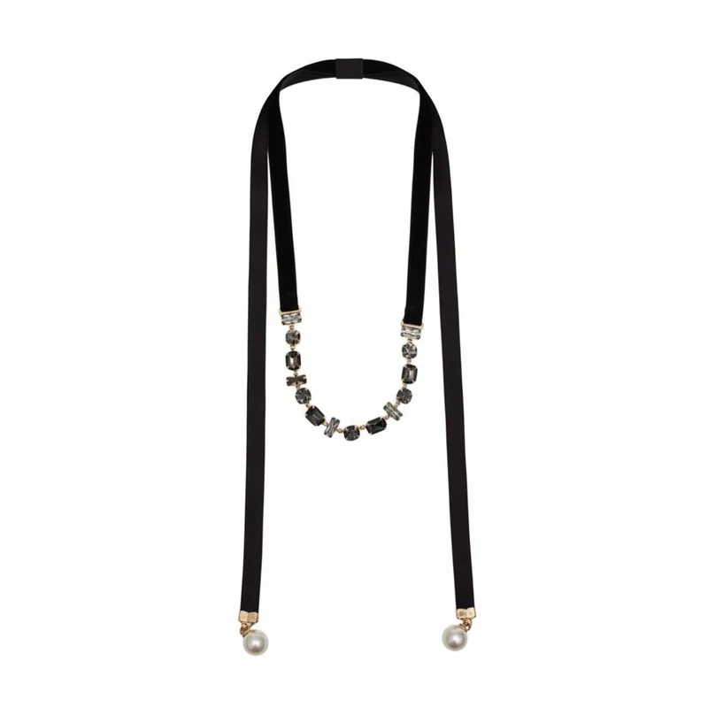 Collana saliscendi in velluto e perle - Nero
