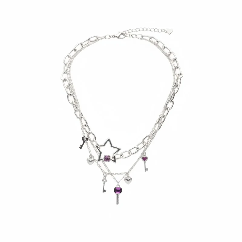Collana 3 fili con stelle e chiavi - Argento