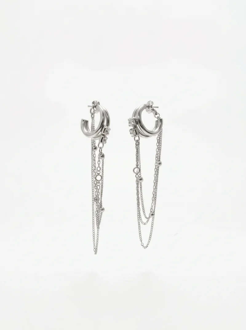 Orecchini cerchi con catenine pendenti - Argento