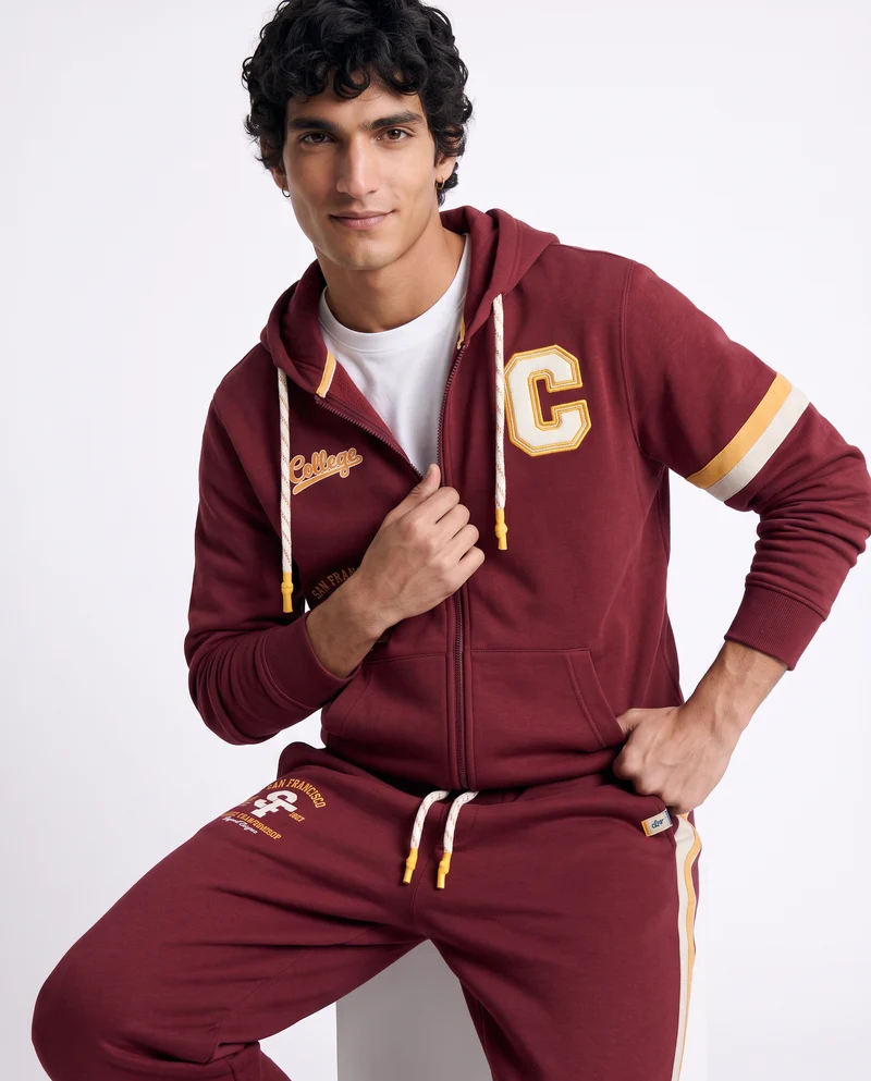 Felpa cappuccio cardigan con tasche e patch - Bordeaux