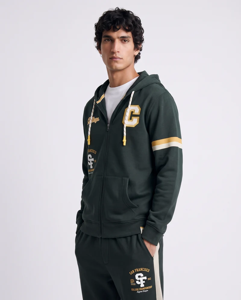 Felpa cappuccio cardigan con tasche e patch - Verde scuro