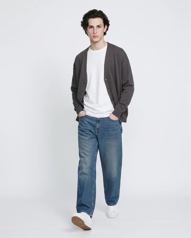Maglia Cardigan con Scollo a V e Bottoni - Grigio