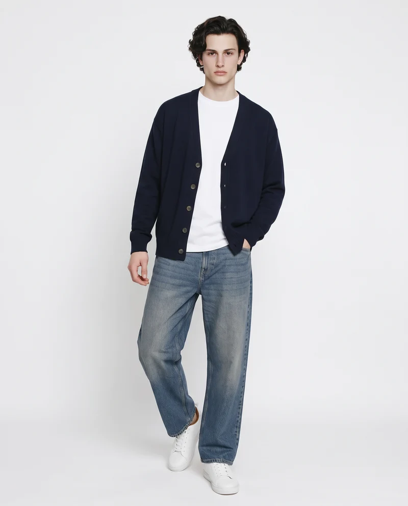 Maglia Cardigan con Scollo a V e Bottoni - Blu