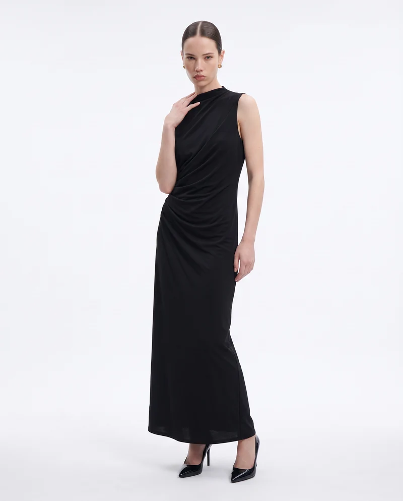 Vestito lungo drappeggiato con spacco - Nero