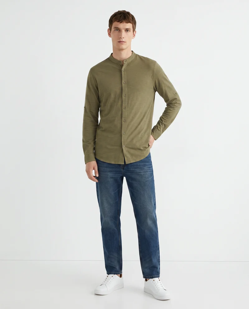 Camicia jersey slub con collo coreano - Moro