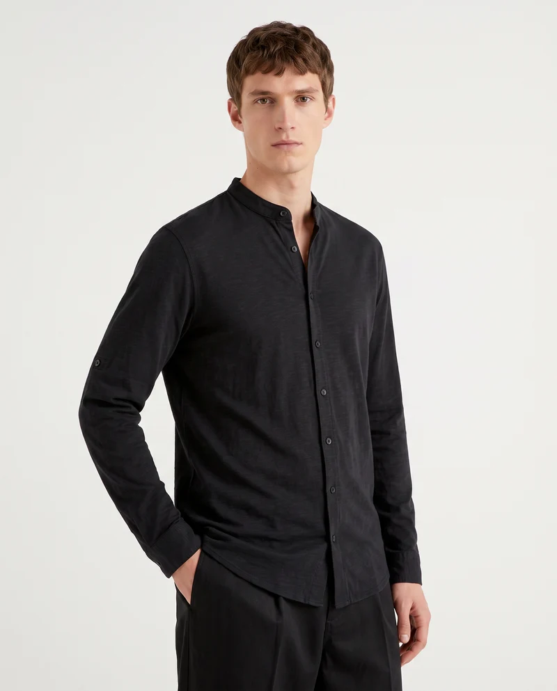 Camicia jersey slub con collo coreano - Nero