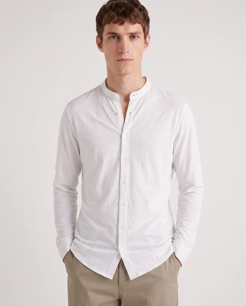 Camicia jersey slub con collo coreano - Bianco