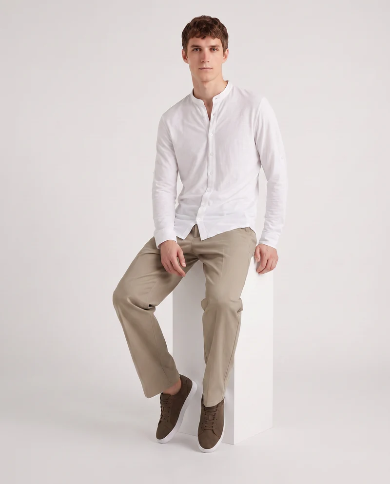 Camicia jersey slub con collo coreano - Bianco
