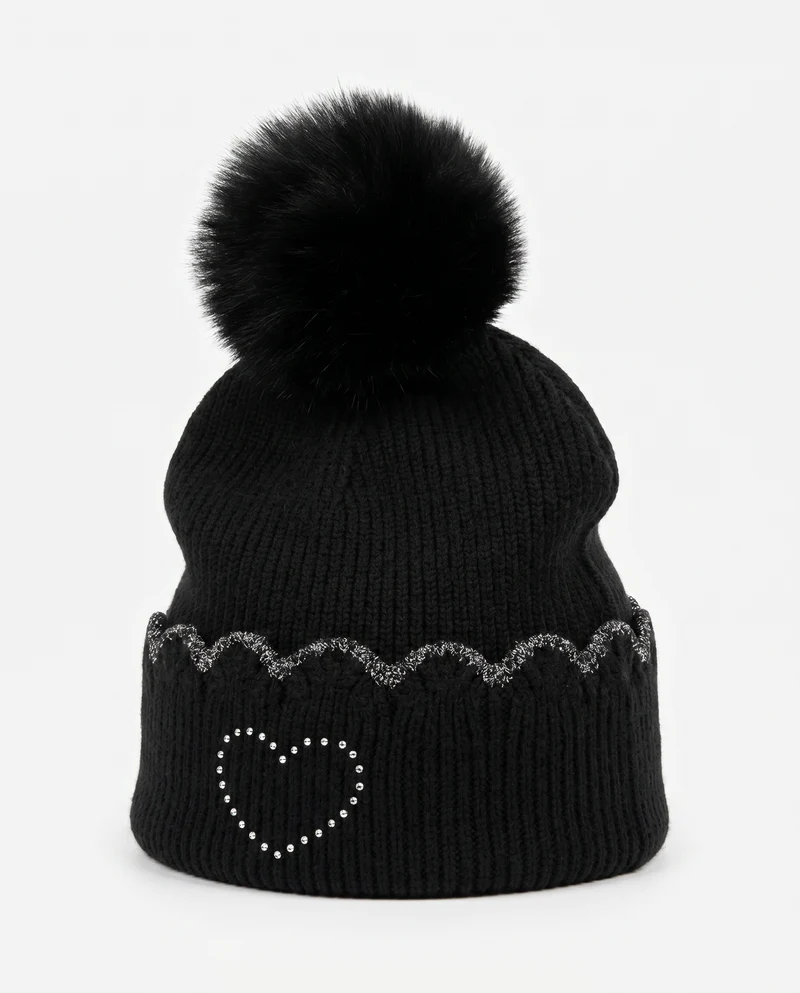 Cappello lurex con pon pon e strass - Nero