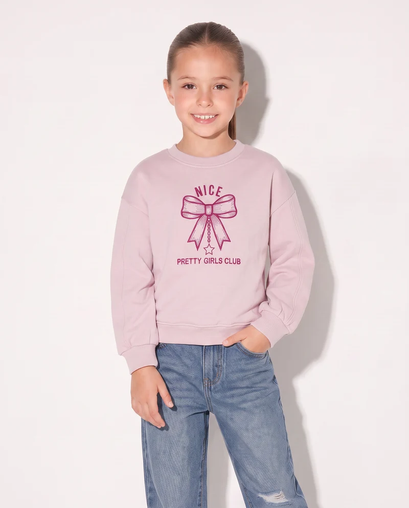 Felpa girocollo bambina con ricamo - Rosa polvere