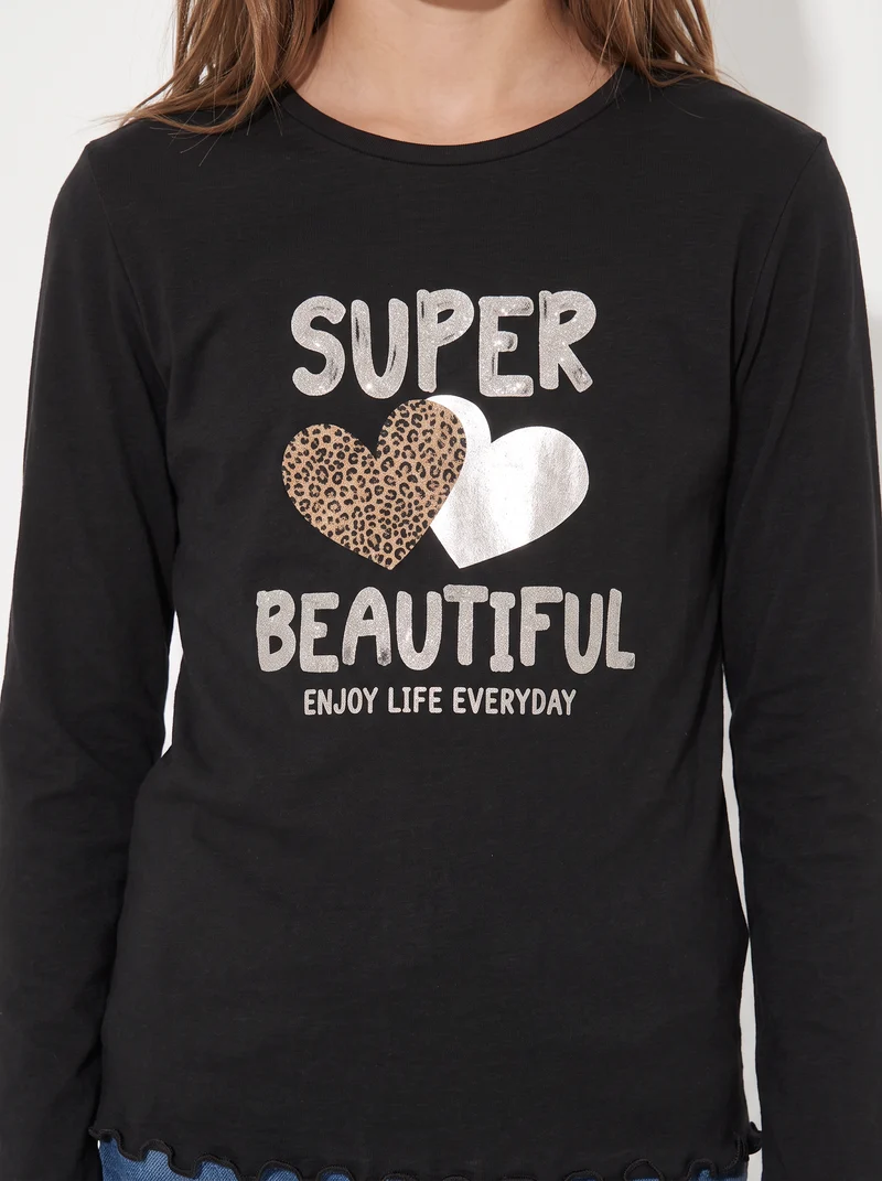 T-shirt manica lunga con orlo ondulato - Nero