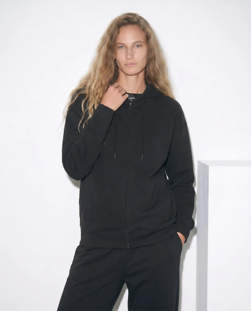 Felpa con zip e cappuccio a manica T - Nero