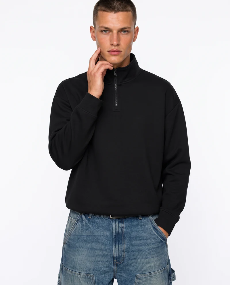 Felpa lupetto zip soft touch relaxed fit - Nero