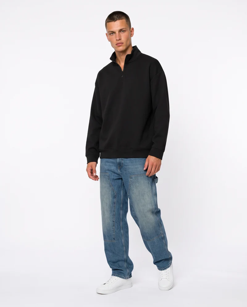 Felpa lupetto zip soft touch relaxed fit - Nero