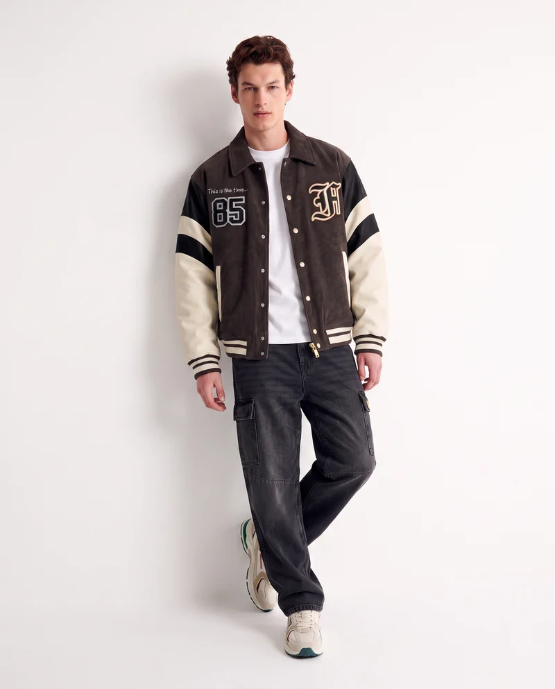 Bomber Varsity in Velluto con Ricami - Moro