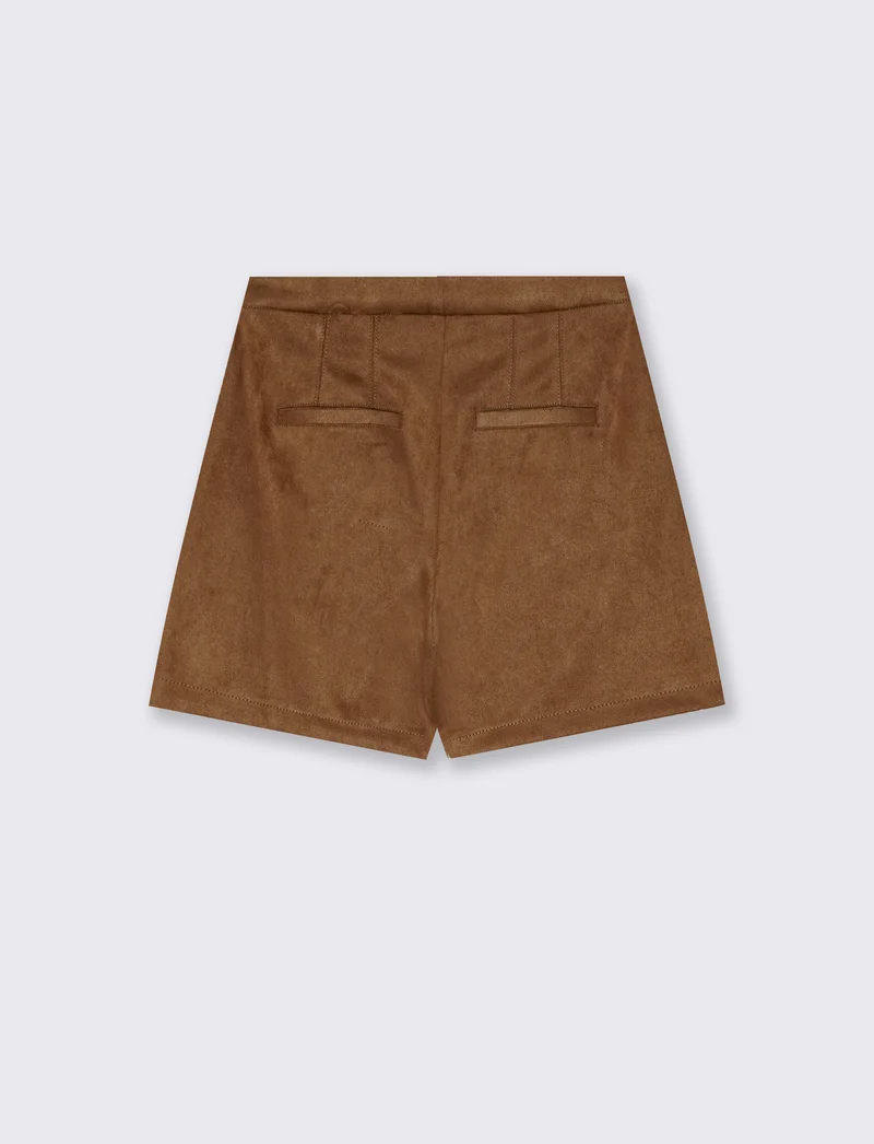 Short in suede con vita media e bottone - Cammello