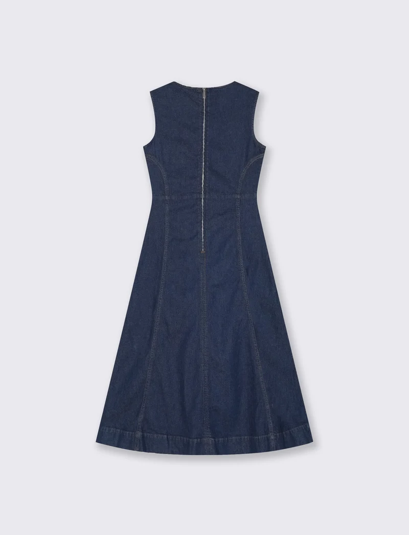 Vestito lungo smanicato in denim svasato - DENIM SCURO