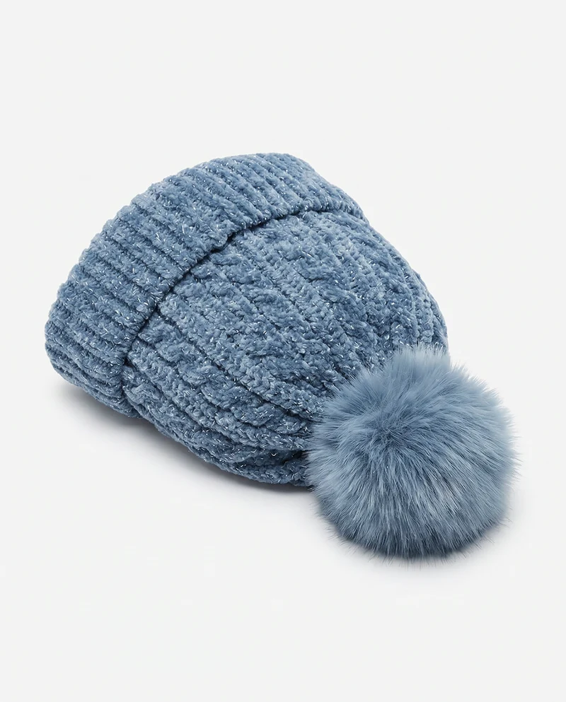 Cappello in maglia lurex con pon pon - Denim