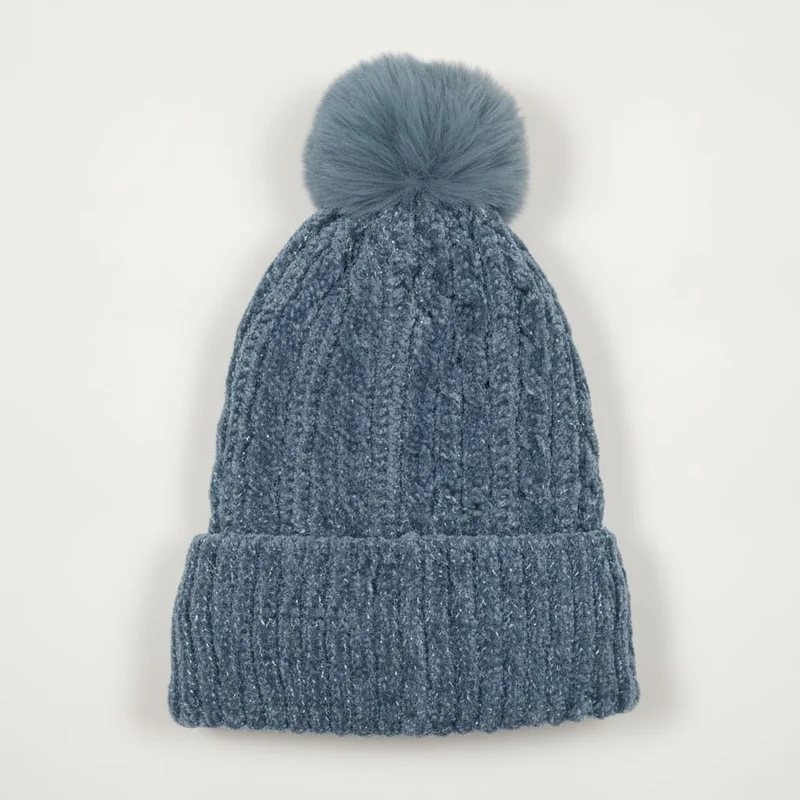 Cappello in maglia lurex con pon pon - Denim