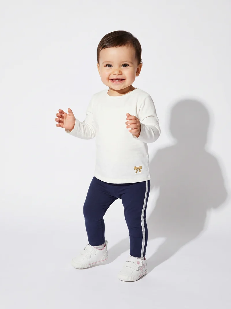Leggings in cotone con banda laterale - Blu
